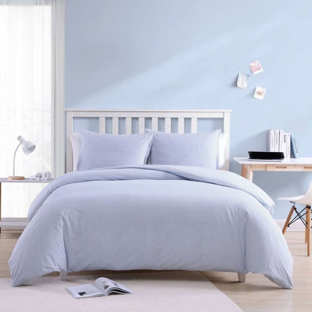 2pc Twin Oxford Stripe 100% Cotton Percale Duvet Set - Blue/White